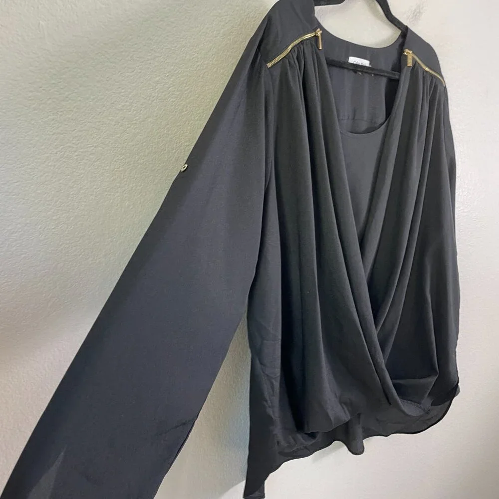 Calvin Klein Womans Plus 2X‎ Black Surplice Blouse Roll Tab Sleeve Shirt Top
